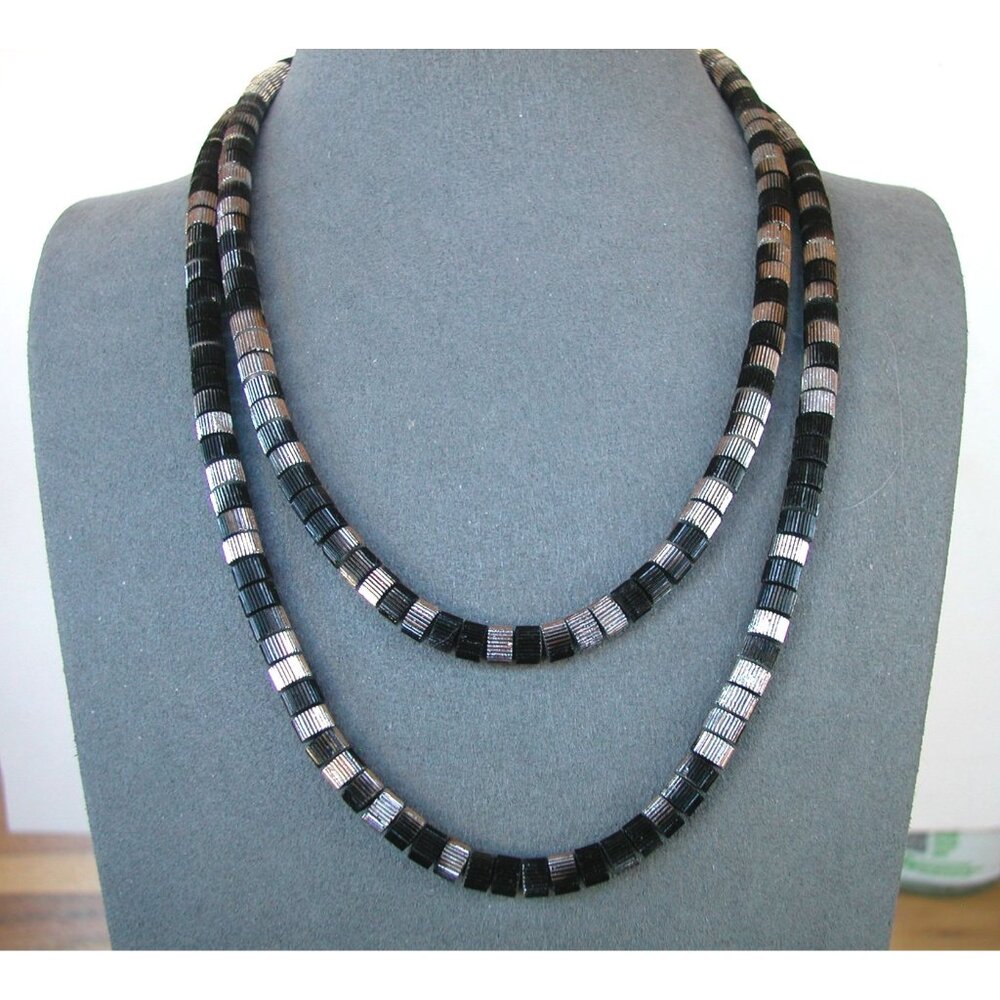 Necklace 36" Silver & Black Elegant Style